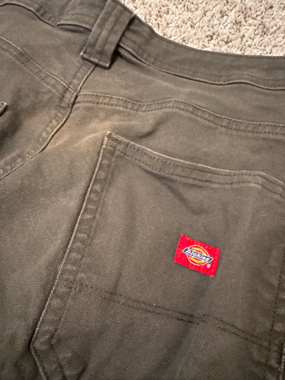Dickies Olive Work Pants with Red Logo Patch